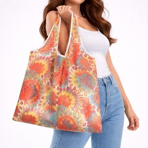 Colorful Boho Large Floral Foldable Tote Bag with Pouch